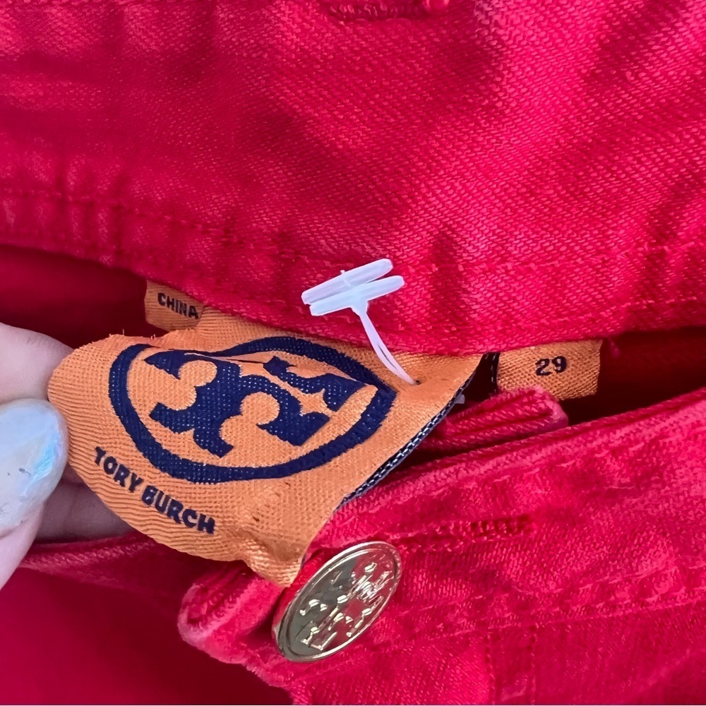 Tory Burch Red Cropped Skinny Jeans Embroidered Logo Pockets Size 26 denim NEW - Picture 10 of 15